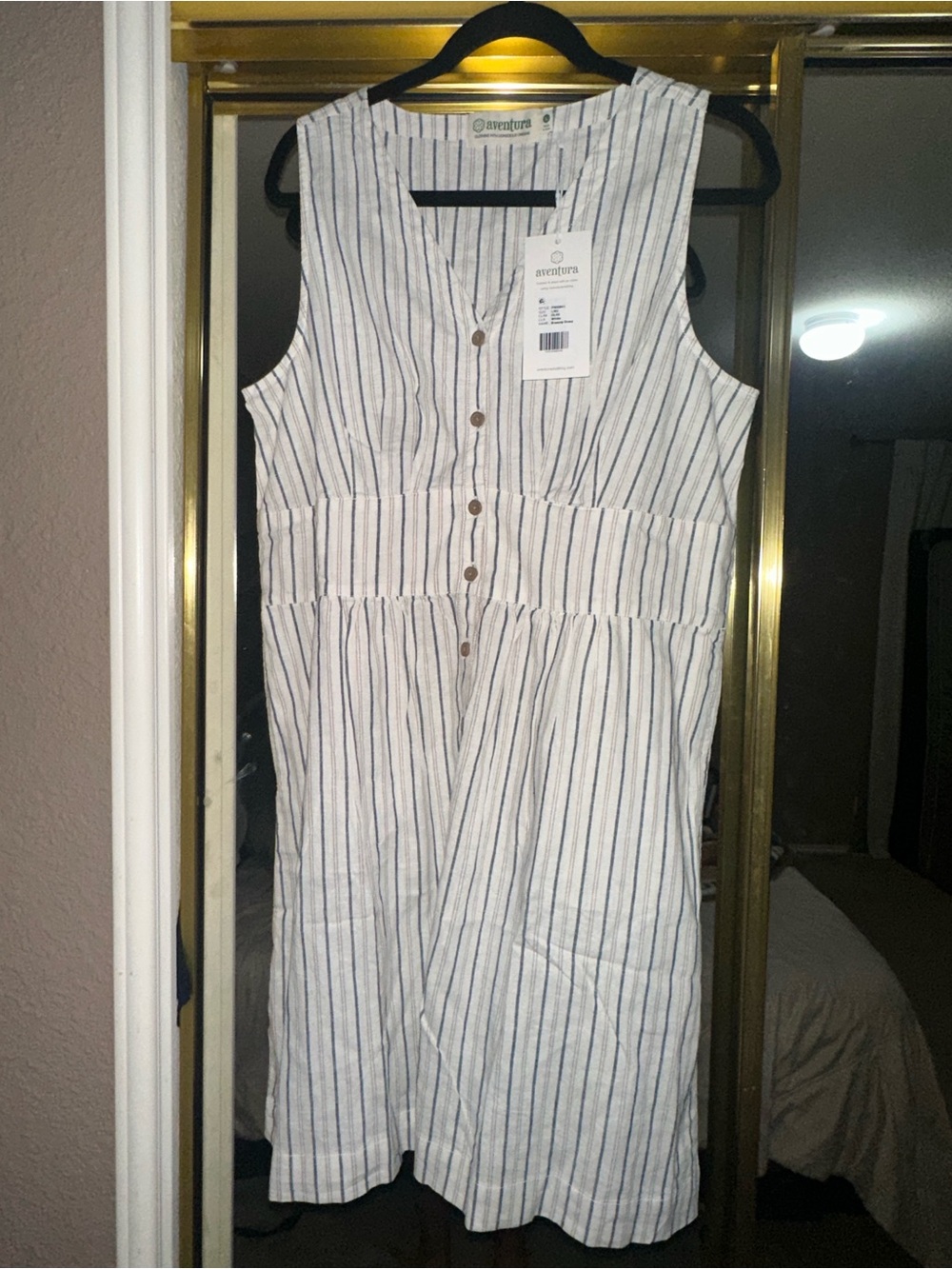 Aventura Sleeveless Button-Front Striped Linen Dress in White and Navy